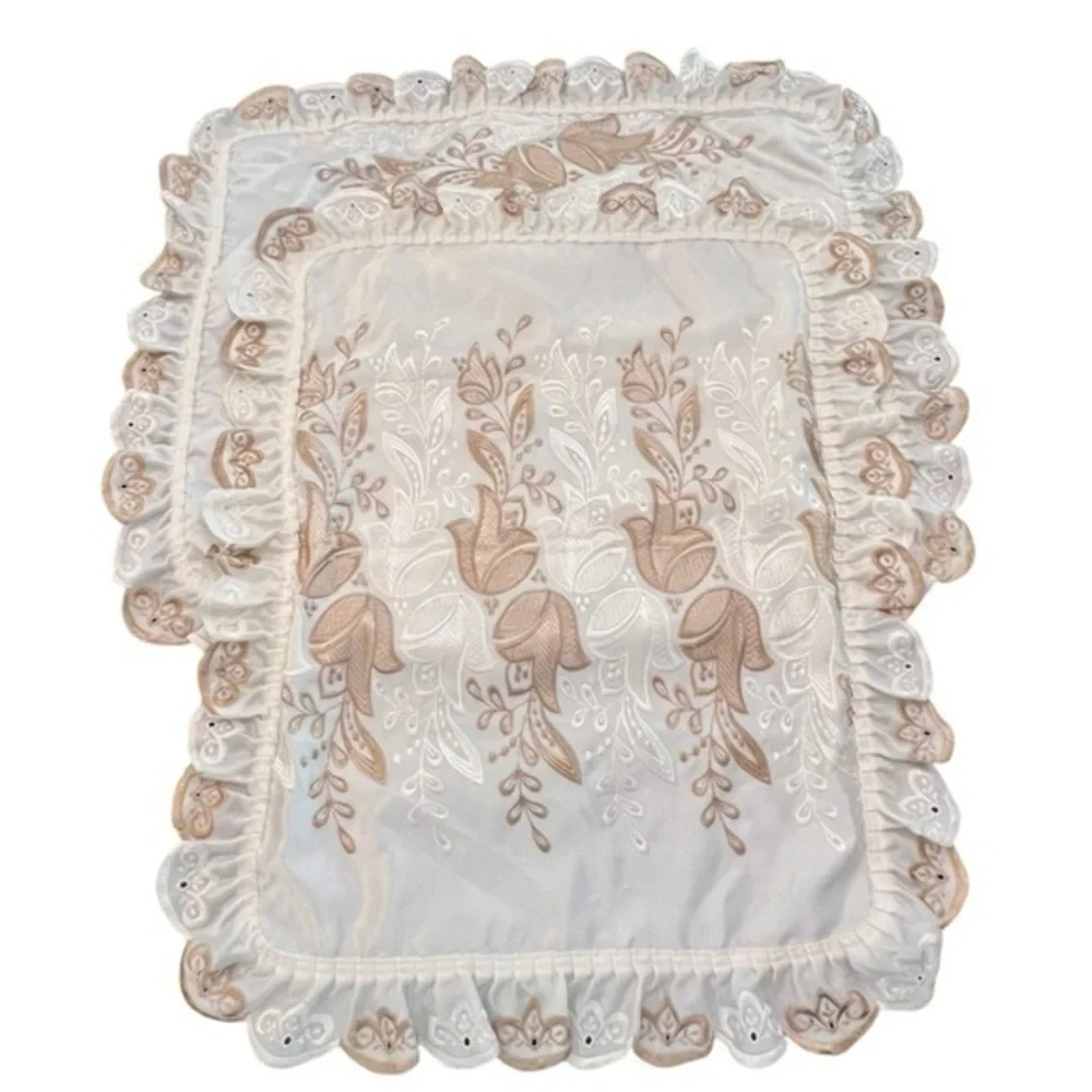Embroidered Floral‎ Satin/Silky Brown  White Pillow Sham Ruffles 20x26 Standard